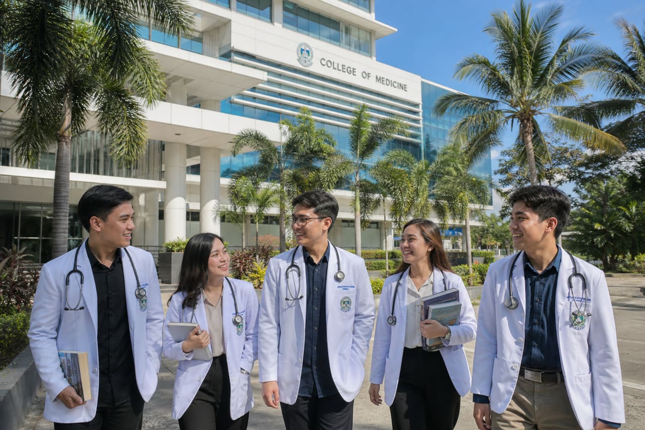 Medical Students Walking on a Modern Campus in the Philippines