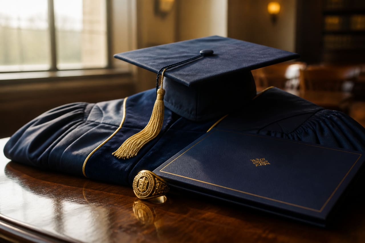 Graduation Cap and Gold Class Ring on Wooden Table