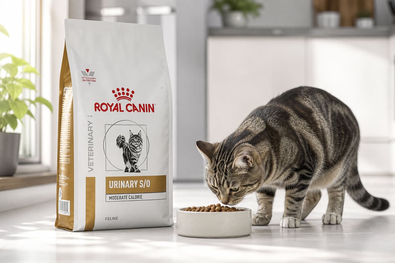 Healthy Cat Sniffing Veterinary Diet Food in Modern Kitchen