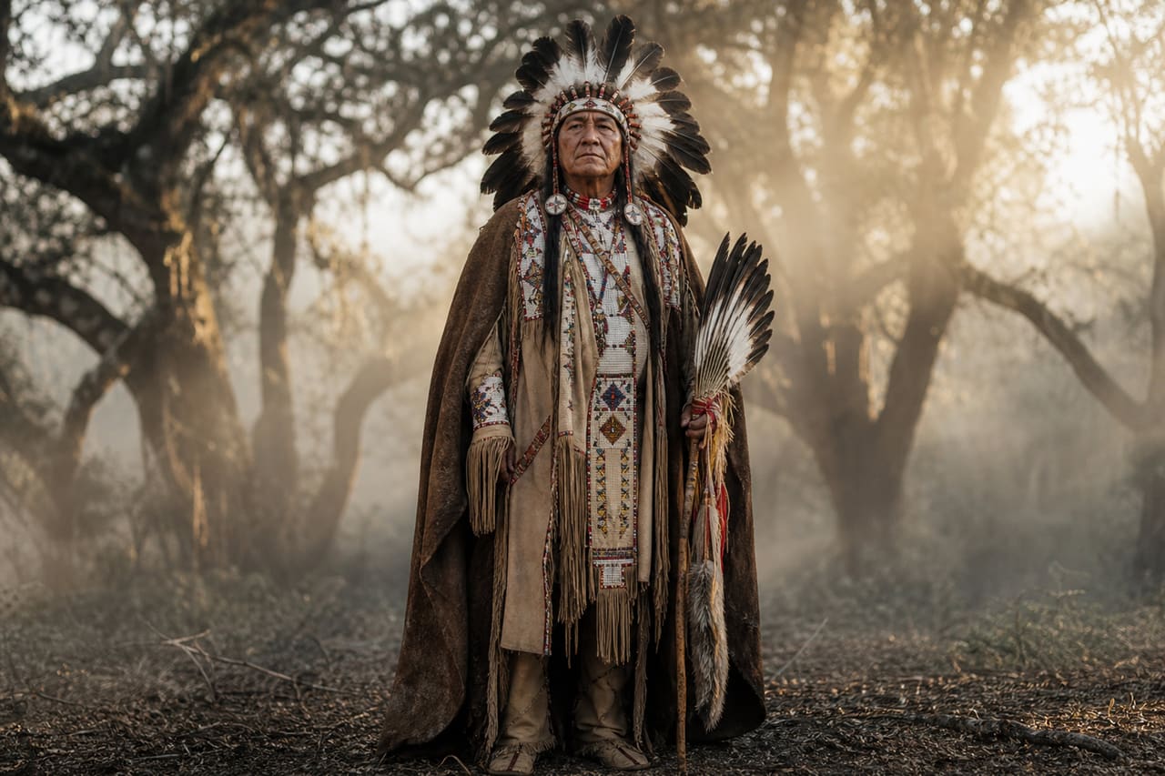 Native American Chief in Traditional Regalia Standing in Misty Forest