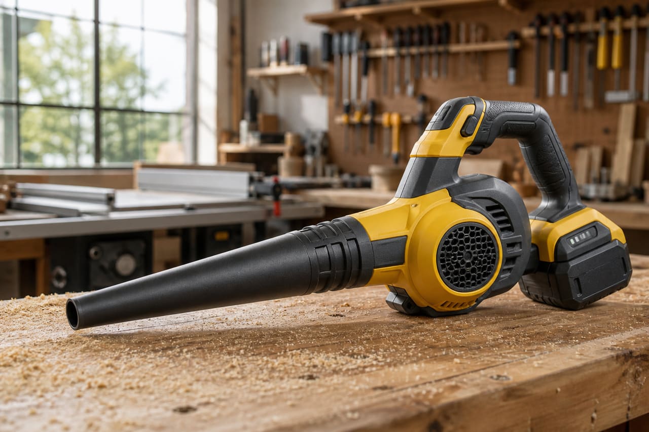 Cordless Workshop Blower Resting on Sawdust Covered Workbench