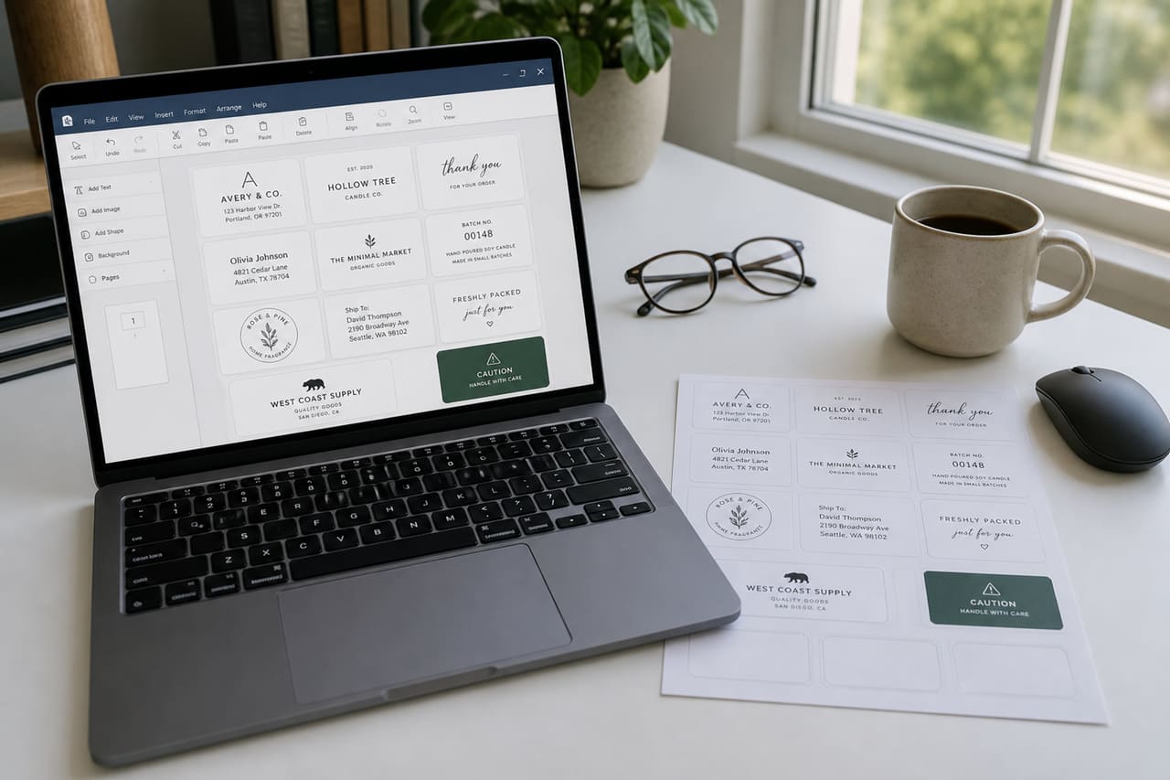 Person Designing Custom Mailing Labels on a Laptop