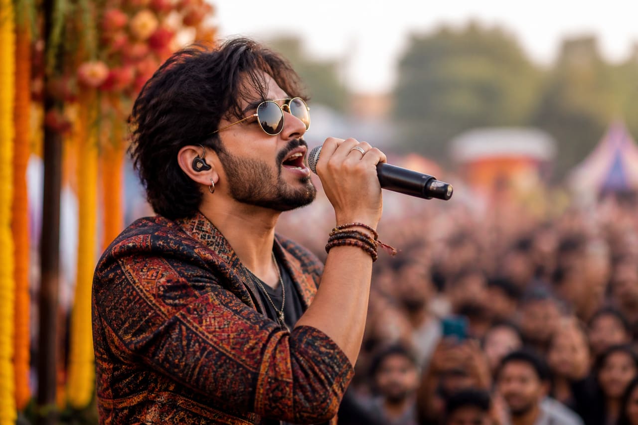 Energetic Male Singer Performing at a Vibrant Local Festival