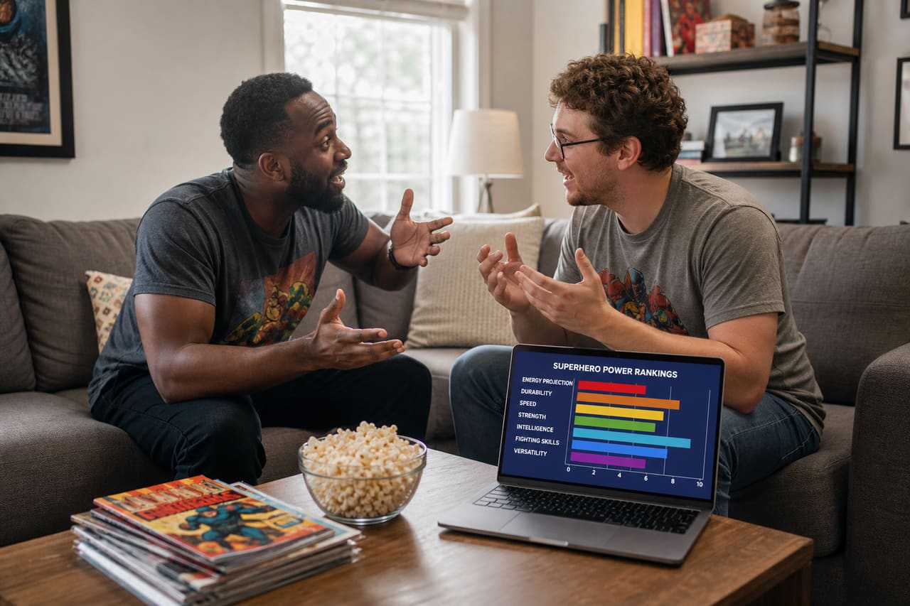 Friends Debating Superhero Strength Rankings on a Couch