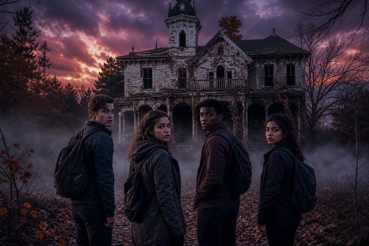 Group of Friends Standing Before an Eerie Haunted House Entrance