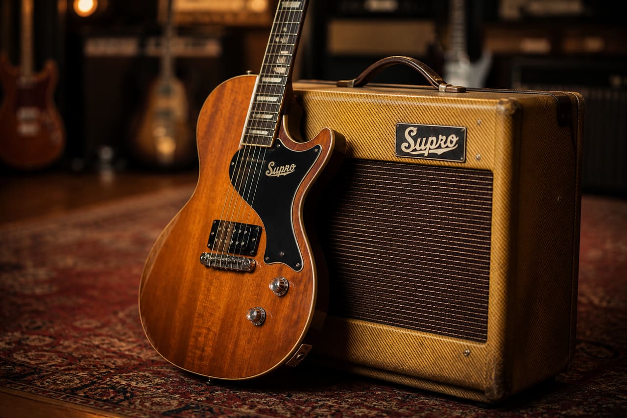 Supro Cr10 Electric Guitar Leaning Against a Vintage Amplifier