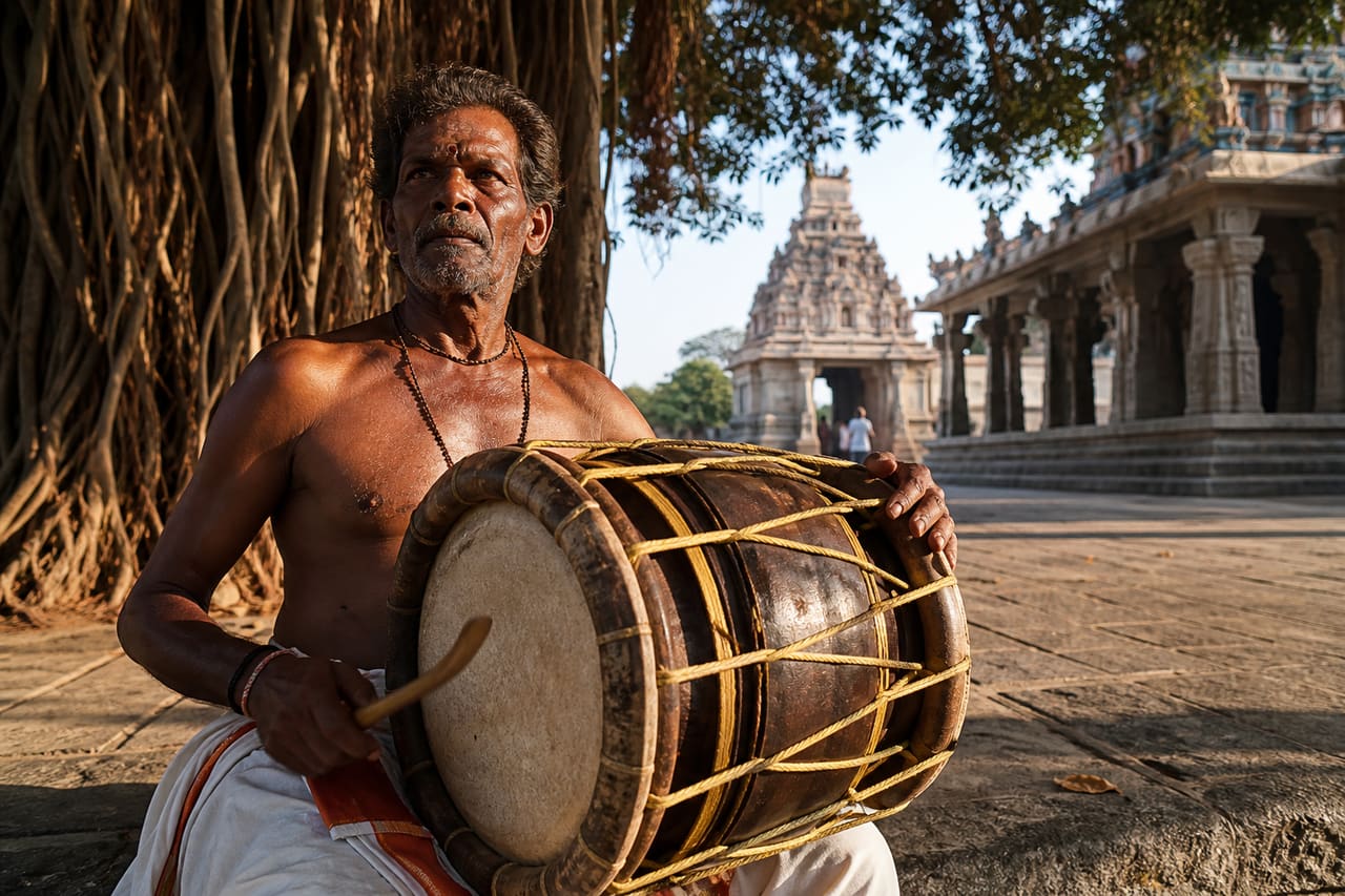 Traditional Tamil Folk Musician Playing Percussion in a Village Square