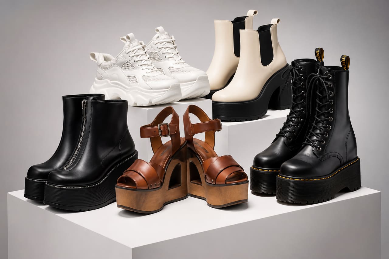 Collection of Designer Platform Shoes on a Minimalist Pedestal