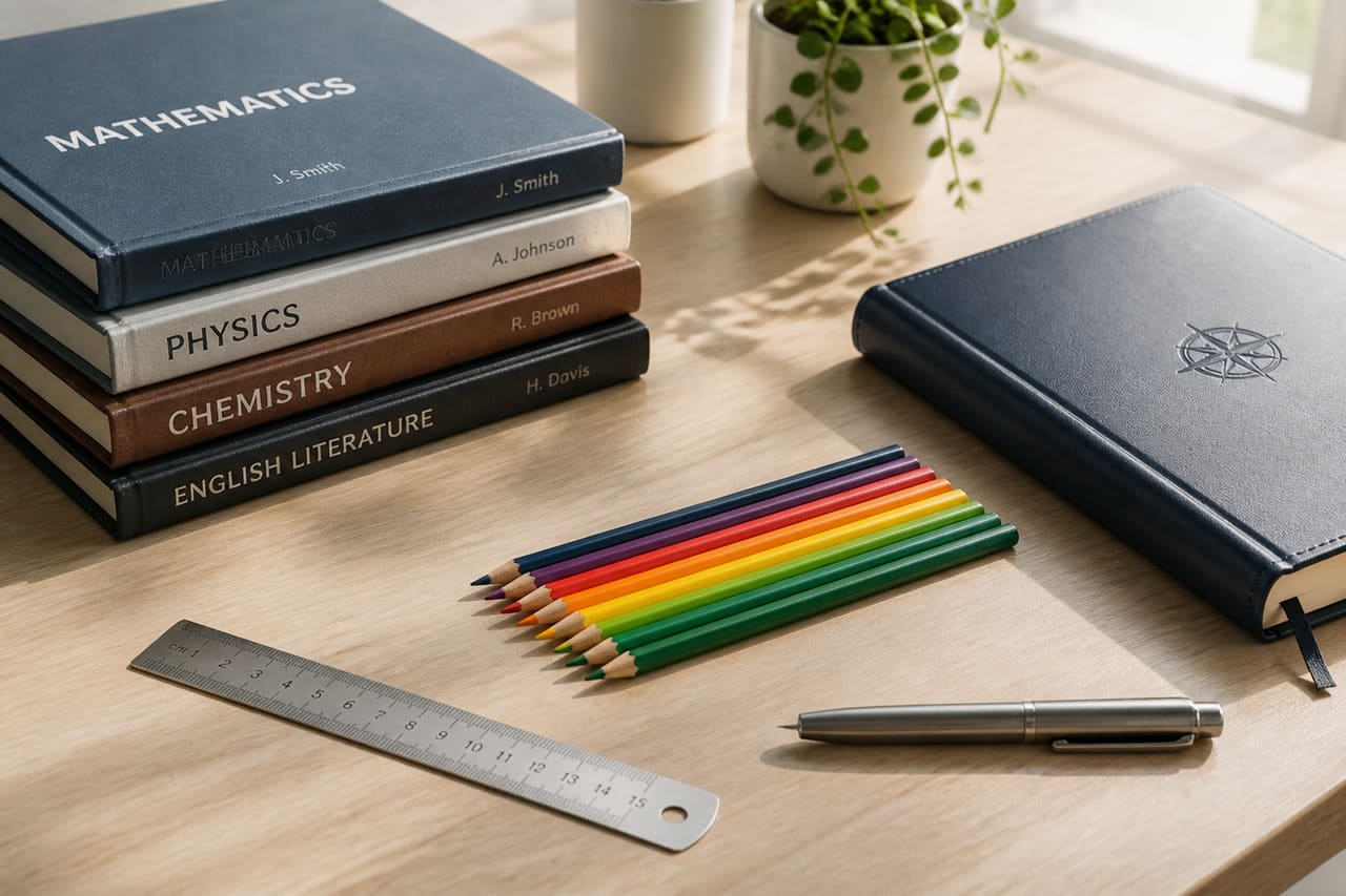 Assorted School and Office Supplies on a Wooden Desk