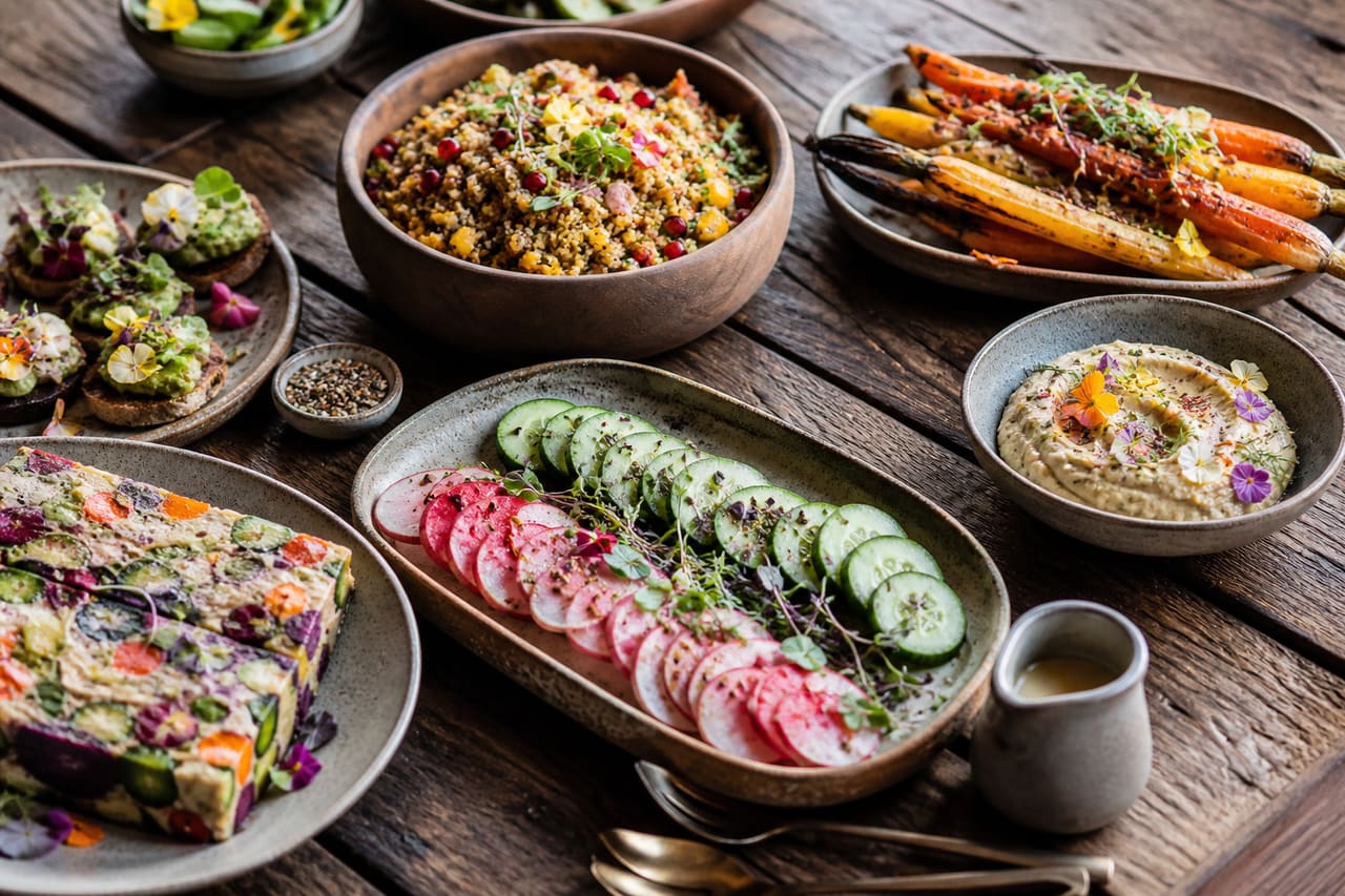 Platter of Gourmet Vegan Plant-Based Dishes on a Rustic Wooden Table