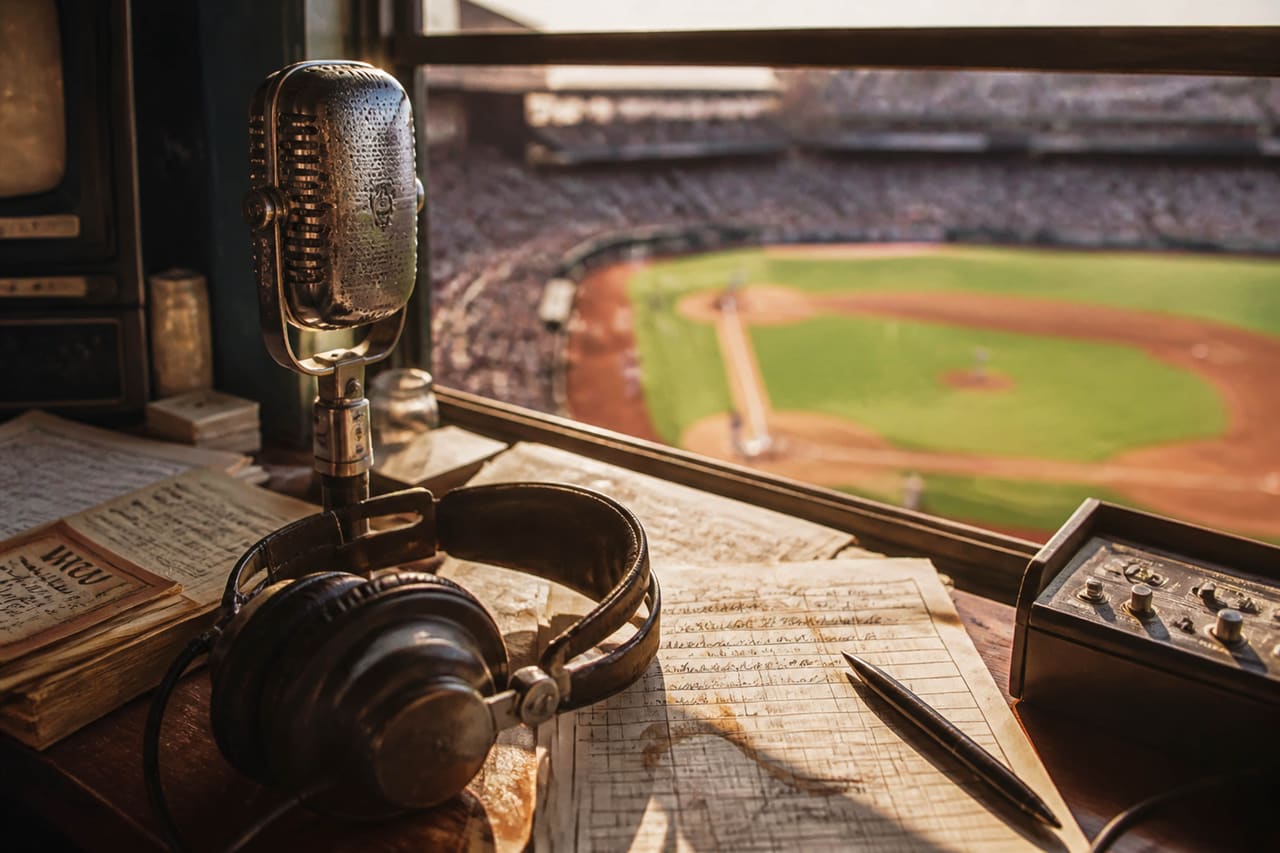 Vintage Baseball Broadcasting Equipment in a Stadium Press Box
