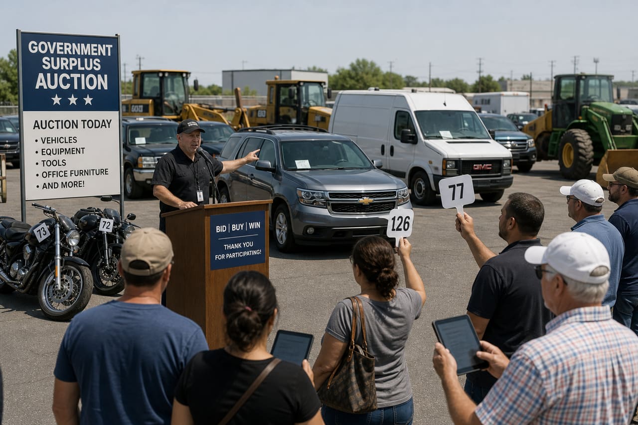 Auctioneer Leading a Public Vehicle Sale at a County Lot