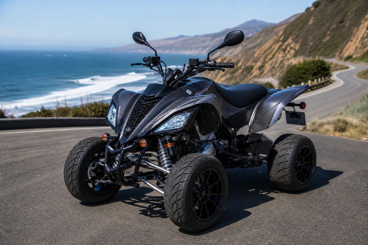 Sporty Road-Legal Quad Bike Parked on Coastal Highway