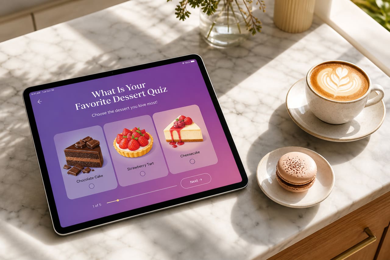 Tablet Displaying a Favorite Dessert Quiz in a Kitchen