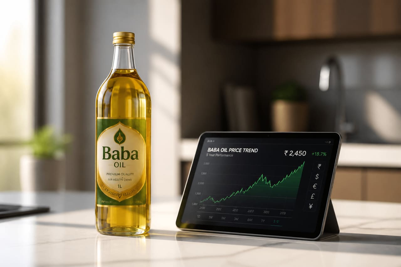 Baba Oil Bottle Next to Digital Price Chart