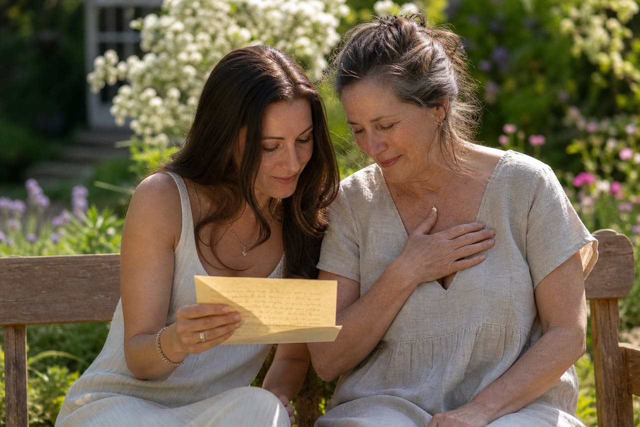 Woman Reading a Handwritten Poem to Her Mother in a Garden