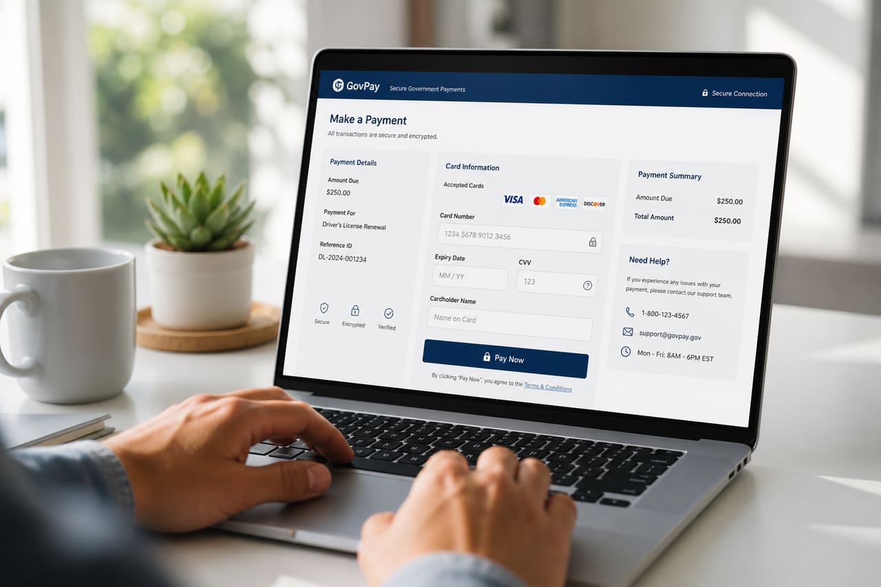 Person Making Secure Online Payment on Laptop with Gov UK Interface
