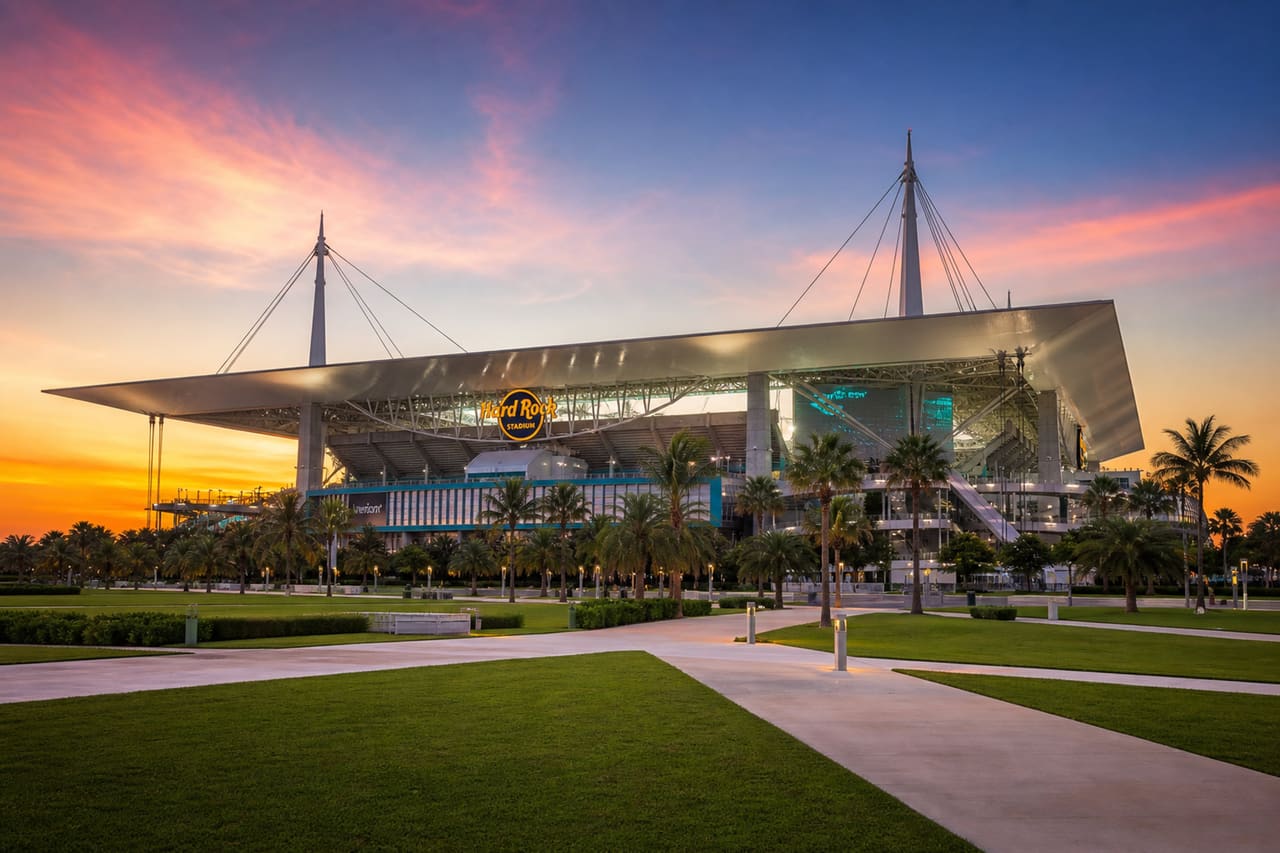 Modern Sports Stadium in Miami Florida at Sunset