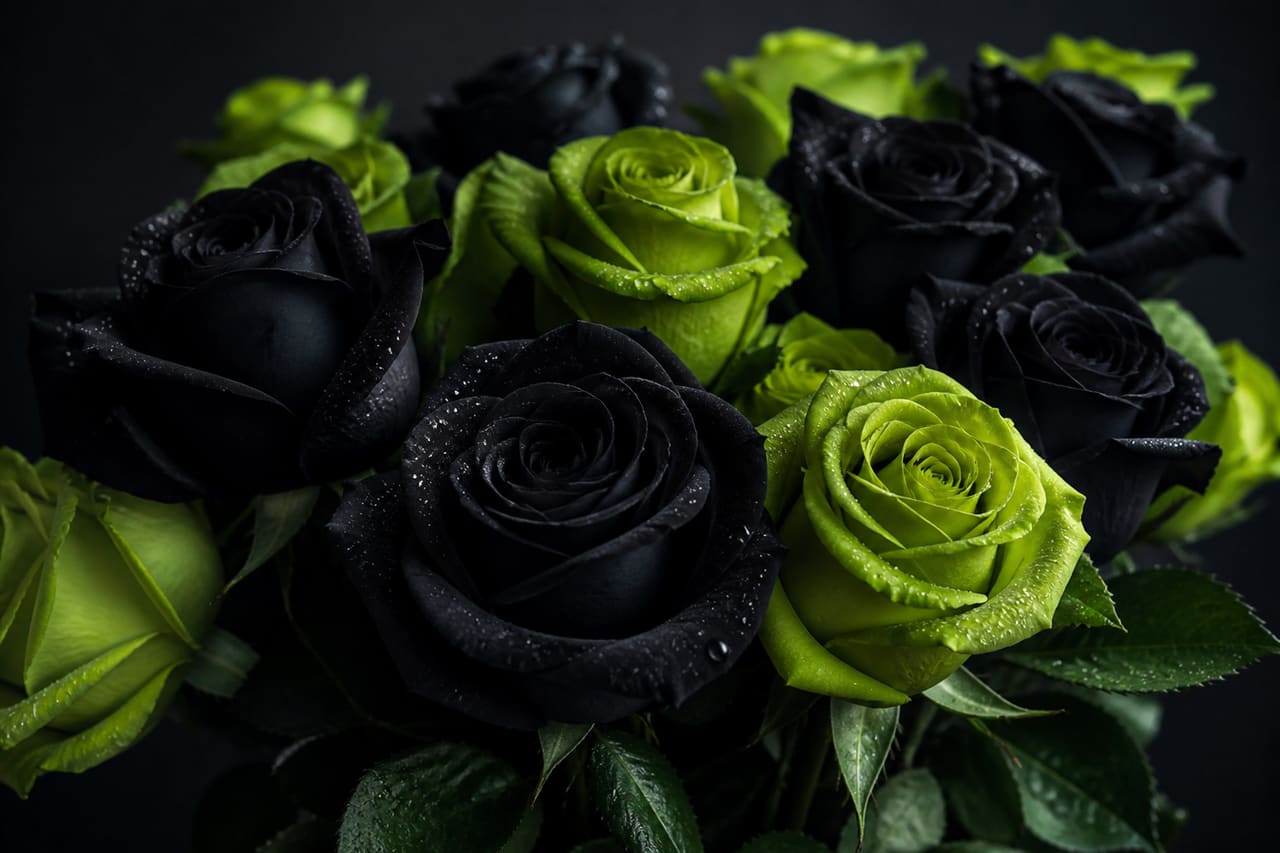 Bouquet of Black and Green Roses with Dew Drops