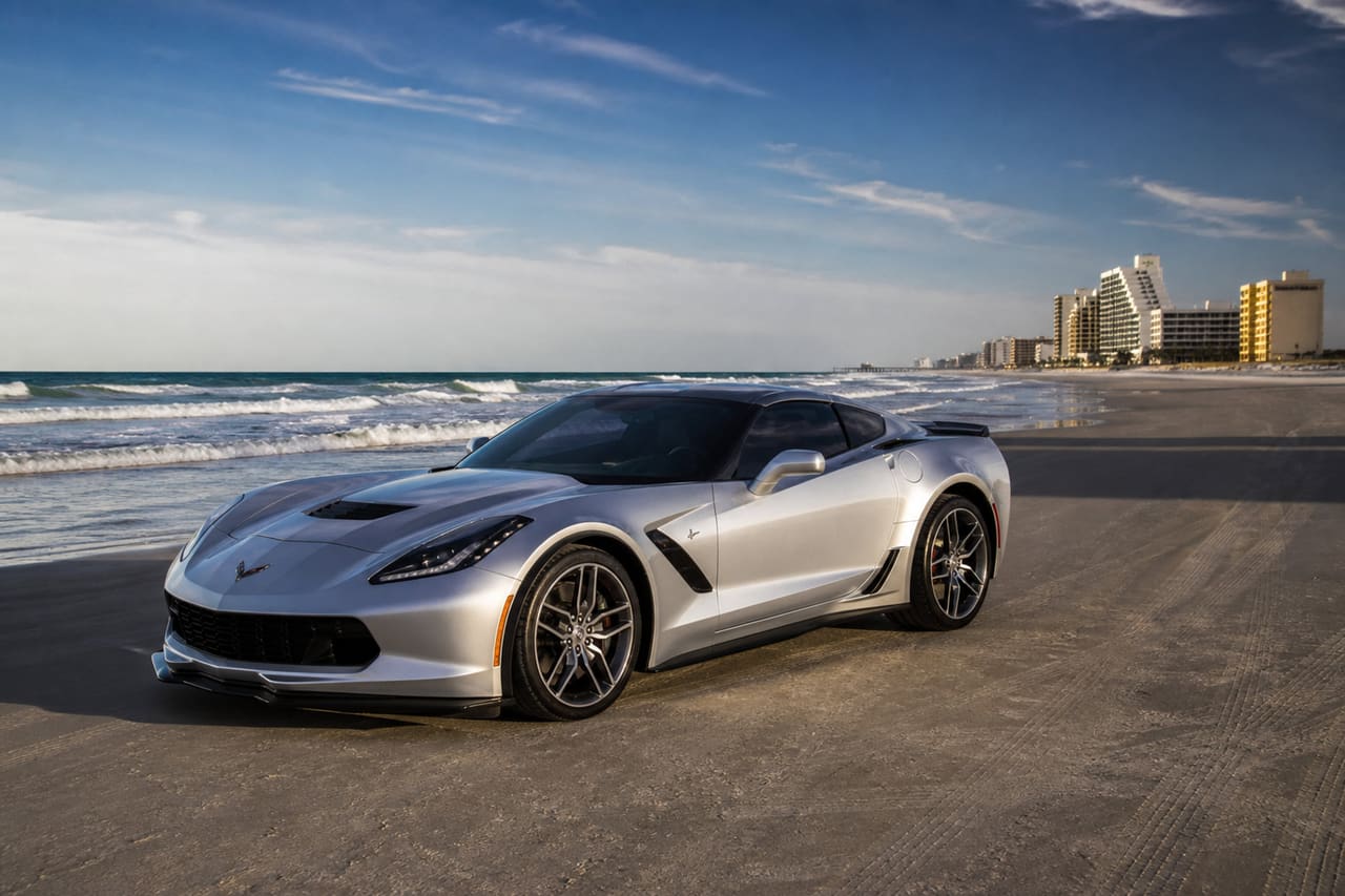 Luxury Sports Car Parked on Daytona Beach Shoreline