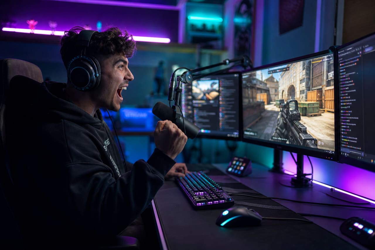 Excited Gamer Streaming Live in a Neon Lit Studio