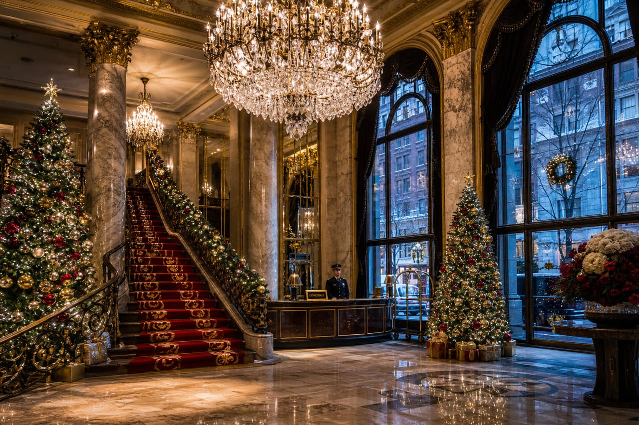 Opulent New York City Hotel Lobby Decorated for Christmas