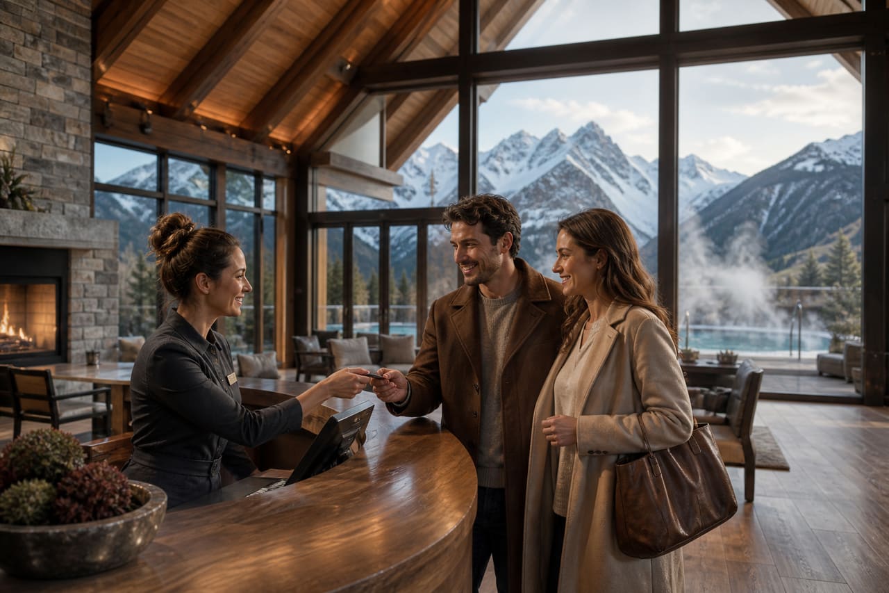 Guest Checking in at a Luxury Mountain Resort Reception