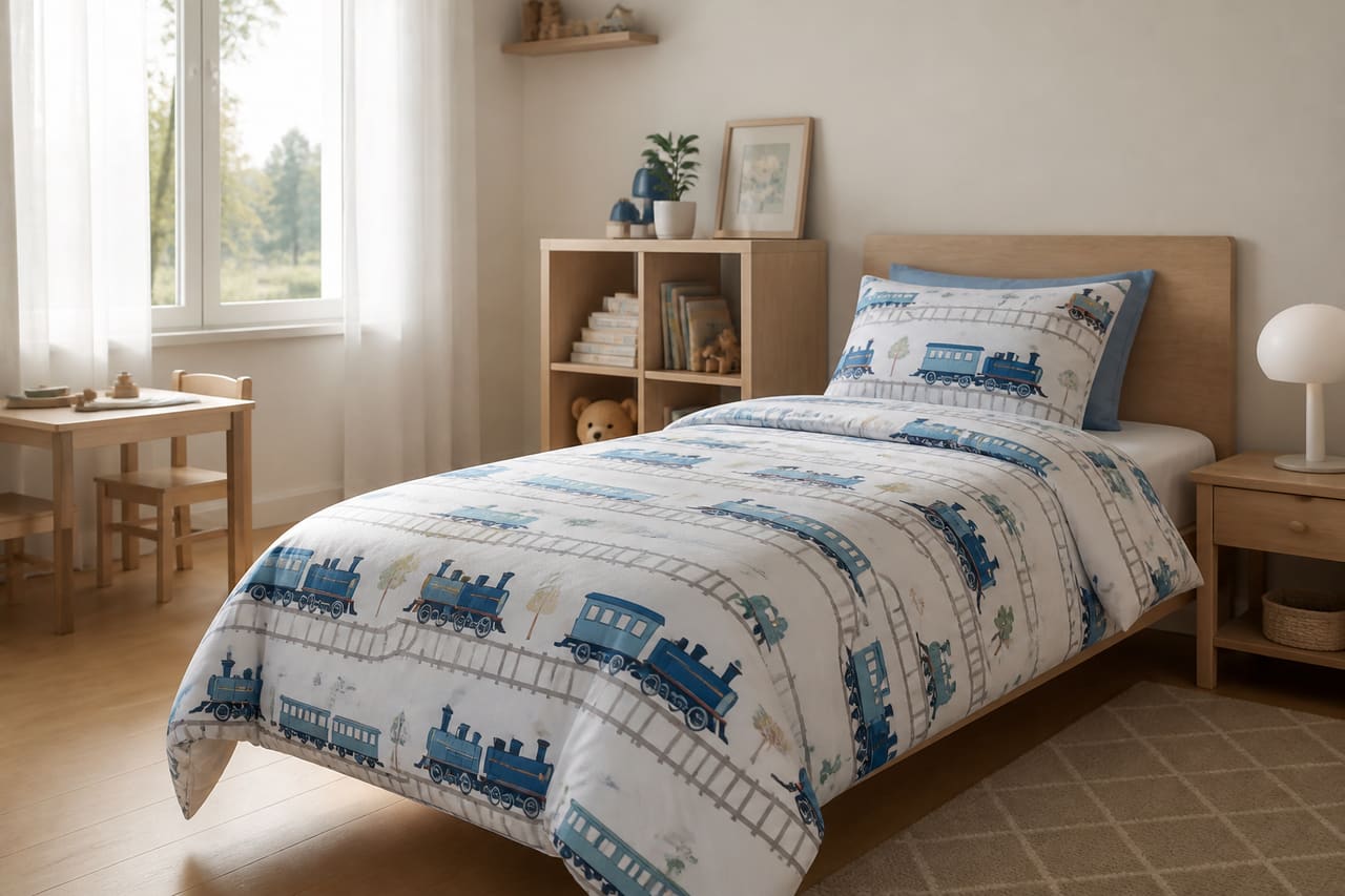 Children's Bedding Set with Blue Train Patterns in a Bright Bedroom