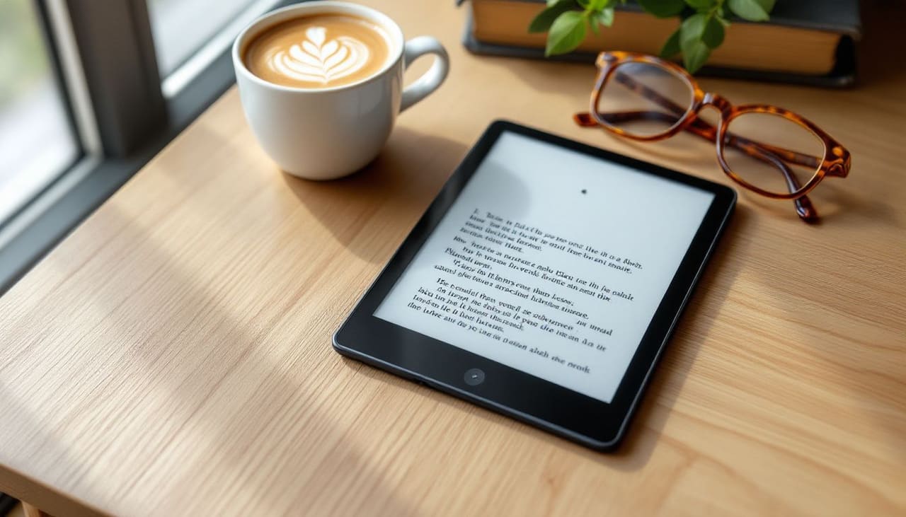 E-Reader Displaying Digital Book on a Wooden Table