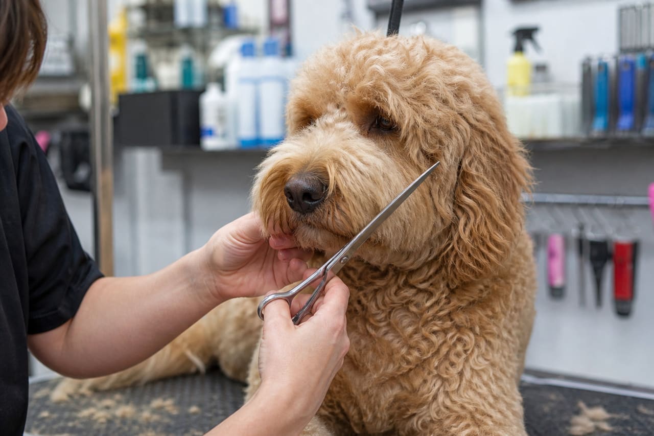 Professional Groomer Trimming a Goldendoodle in a Salon