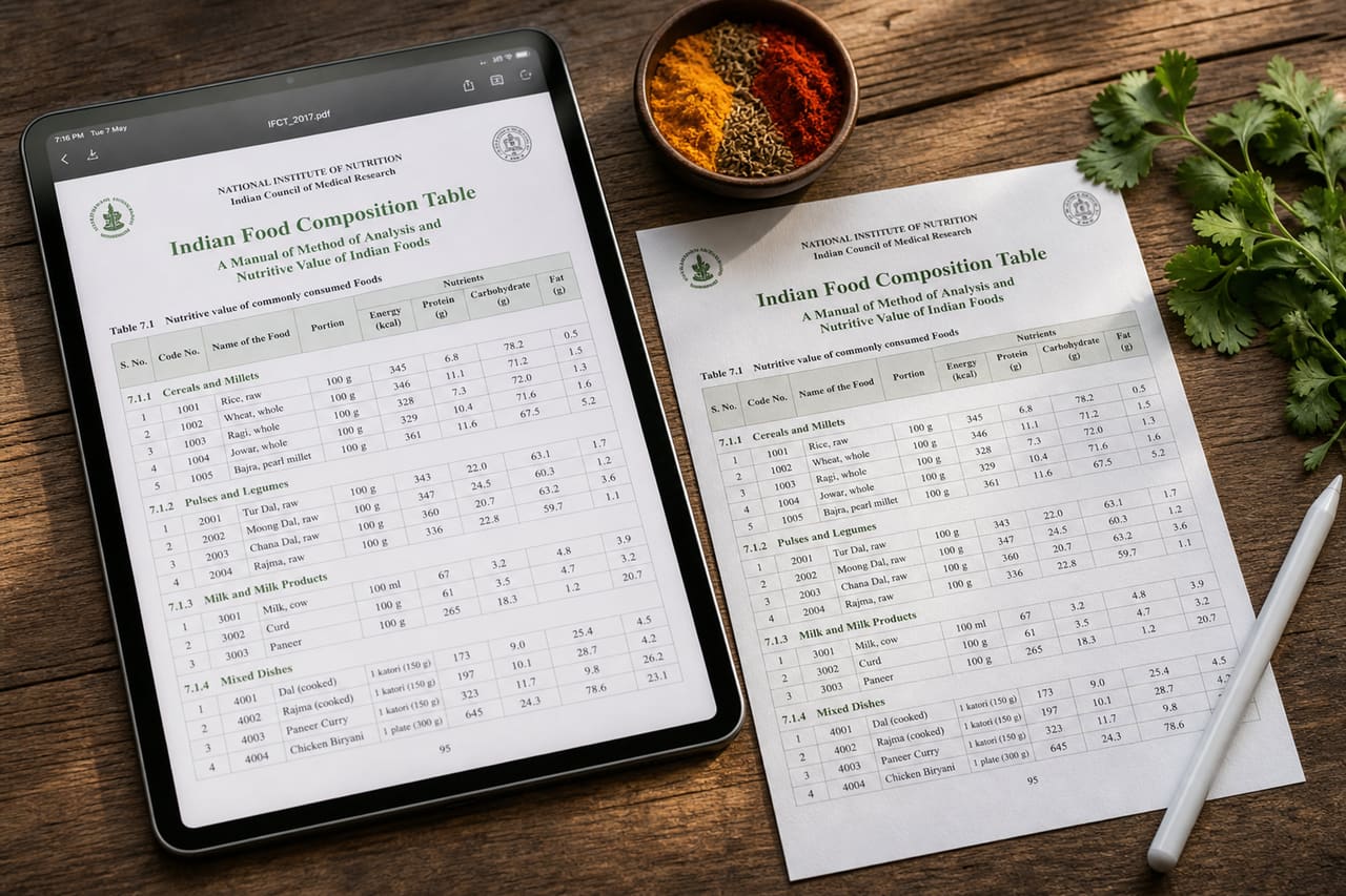 Nutritional Indian Food Composition Table PDF on Tablet and Paper