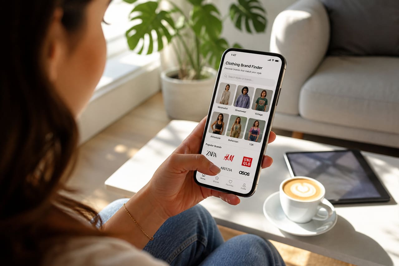 Woman Using Clothing Brand Finder App in Modern Living Room
