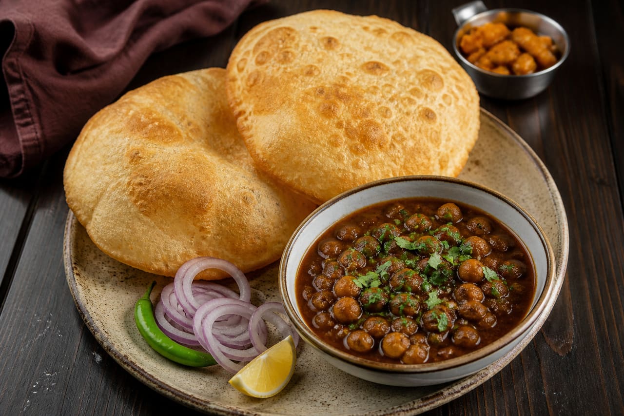 Plate of Chole Bhature with Sliced Onions and Lemon
