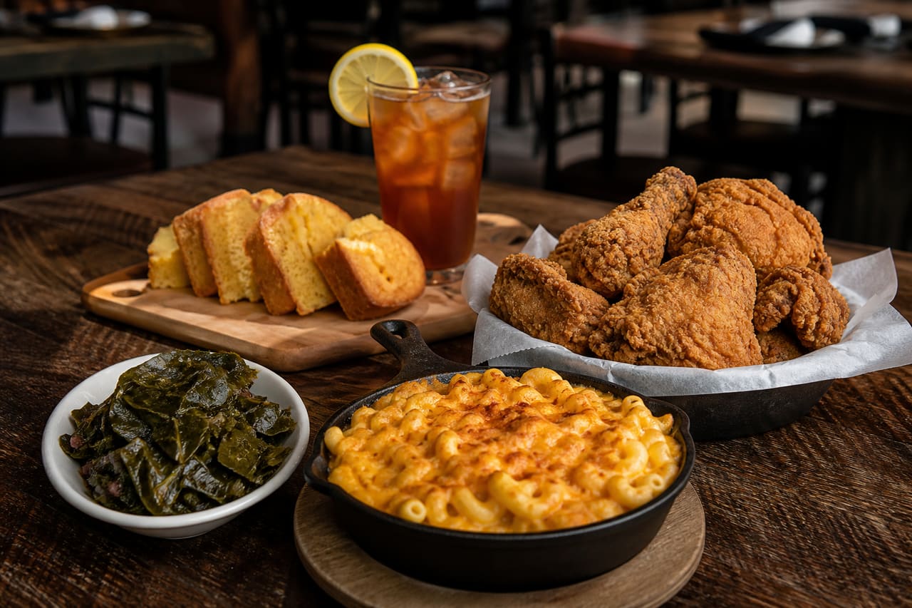 Gourmet Platter of Southern Cuisine on a Rustic Restaurant Table