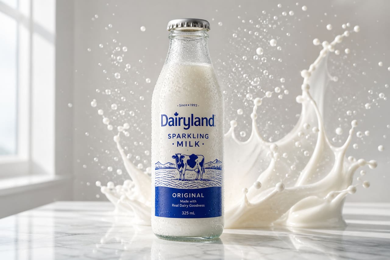 Chilled Bottle of Dairyland Sparkling Milk on Marble Surface