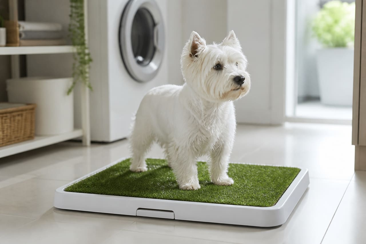 Small Dog Using an Indoor Pet Toilet System