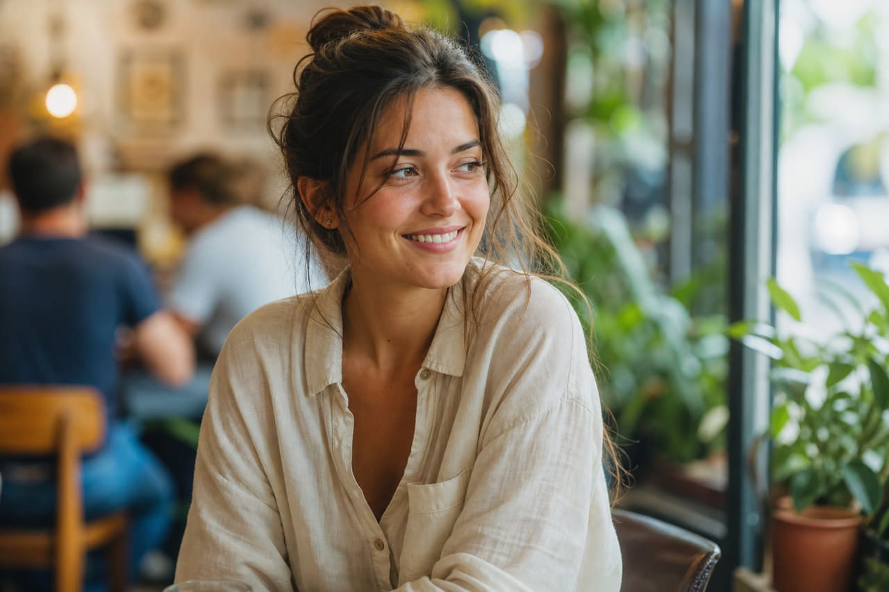 Young Woman Smiling in a Sunlit Modern Cafe