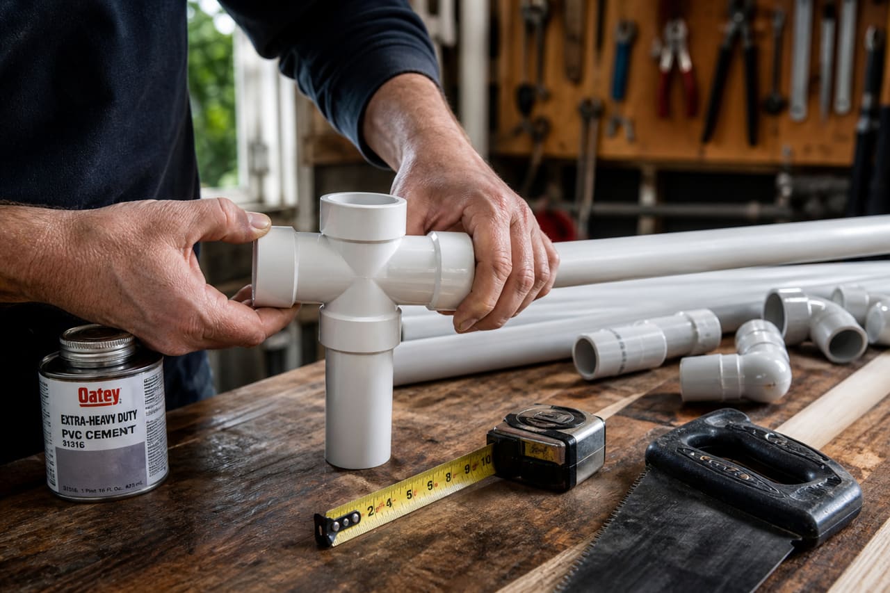 Hands Assembling Pvc Pipe Fittings on a Wooden Workbench
