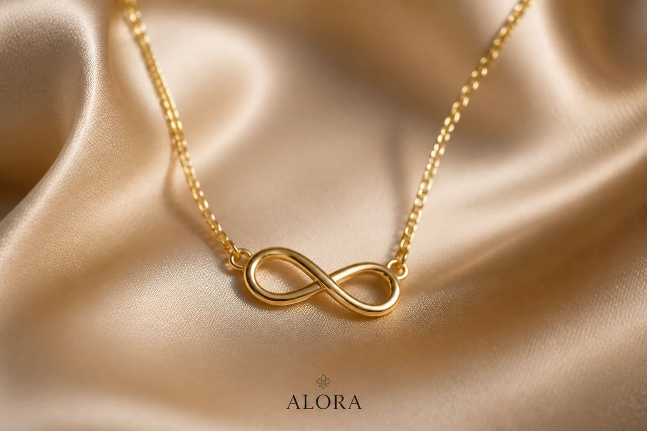 Gold Infinity Necklace by Alora on Cream Silk Fabric