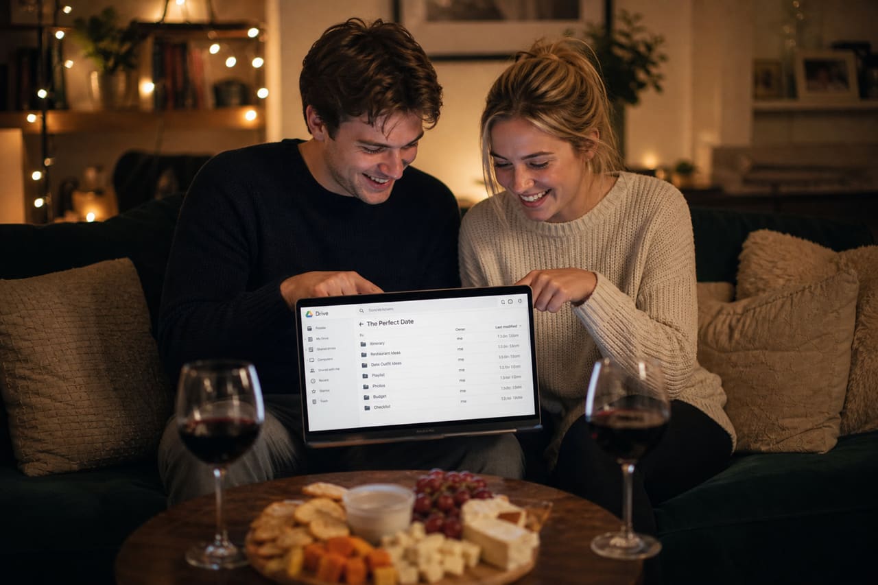 Couple Planning a Romantic Date Using a Laptop