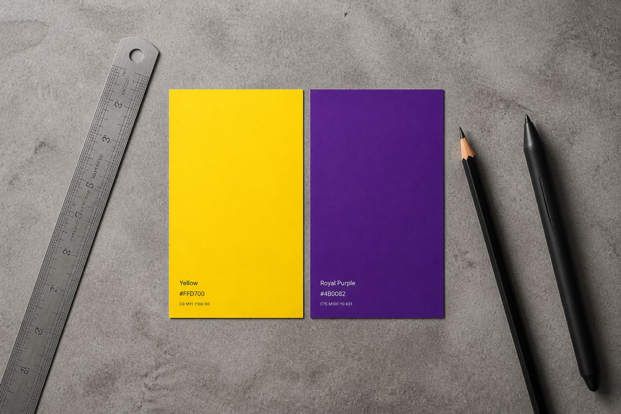 Yellow and Purple Color Swatches on a Designer's Desk