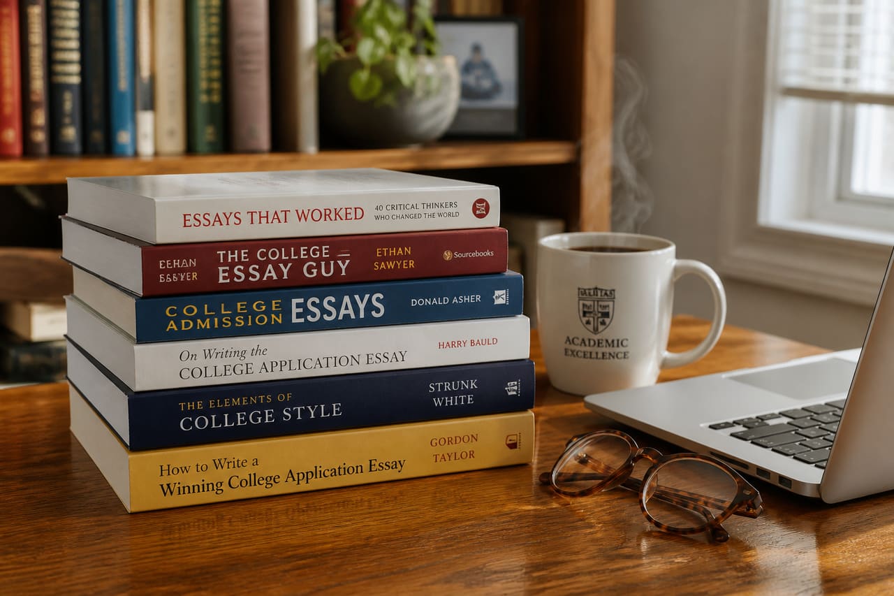 Stack of College Essay Guidebooks on a Wooden Desk