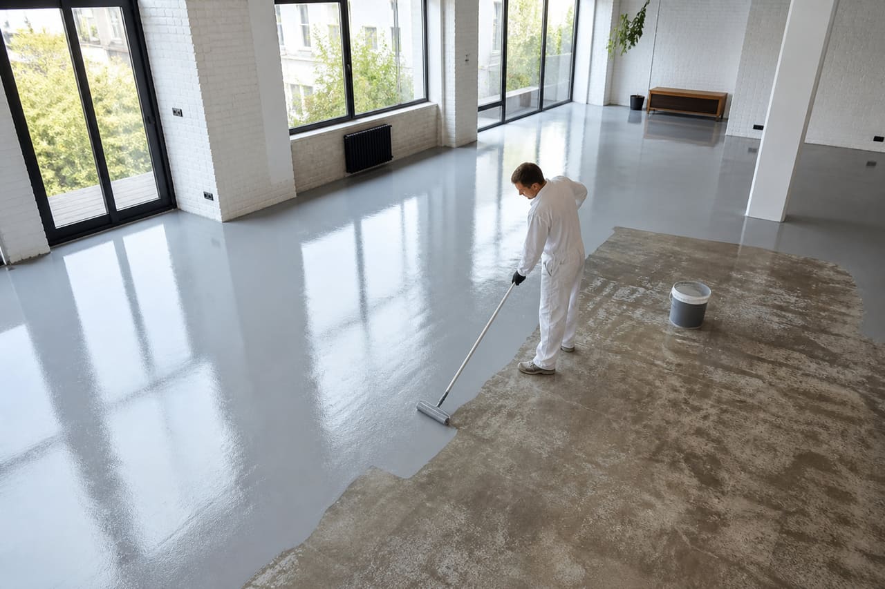Professional Contractor Painting Polished Concrete Floors in Industrial Loft