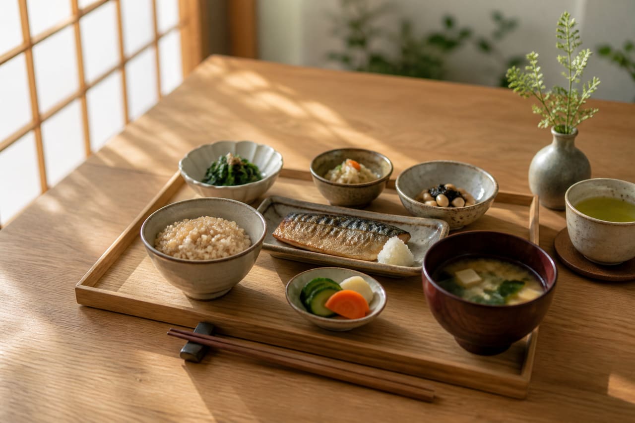 Traditional Japanese Balanced Meal for Weight Loss on Wooden Tray