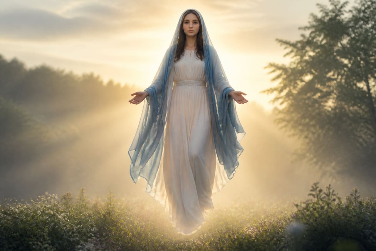 Divine Woman in White and Blue Delivering Spiritual Messages