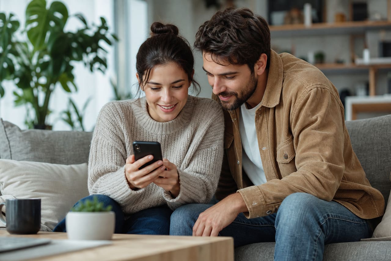 Young Couple Discussing Relationship Questions on a Smartphone