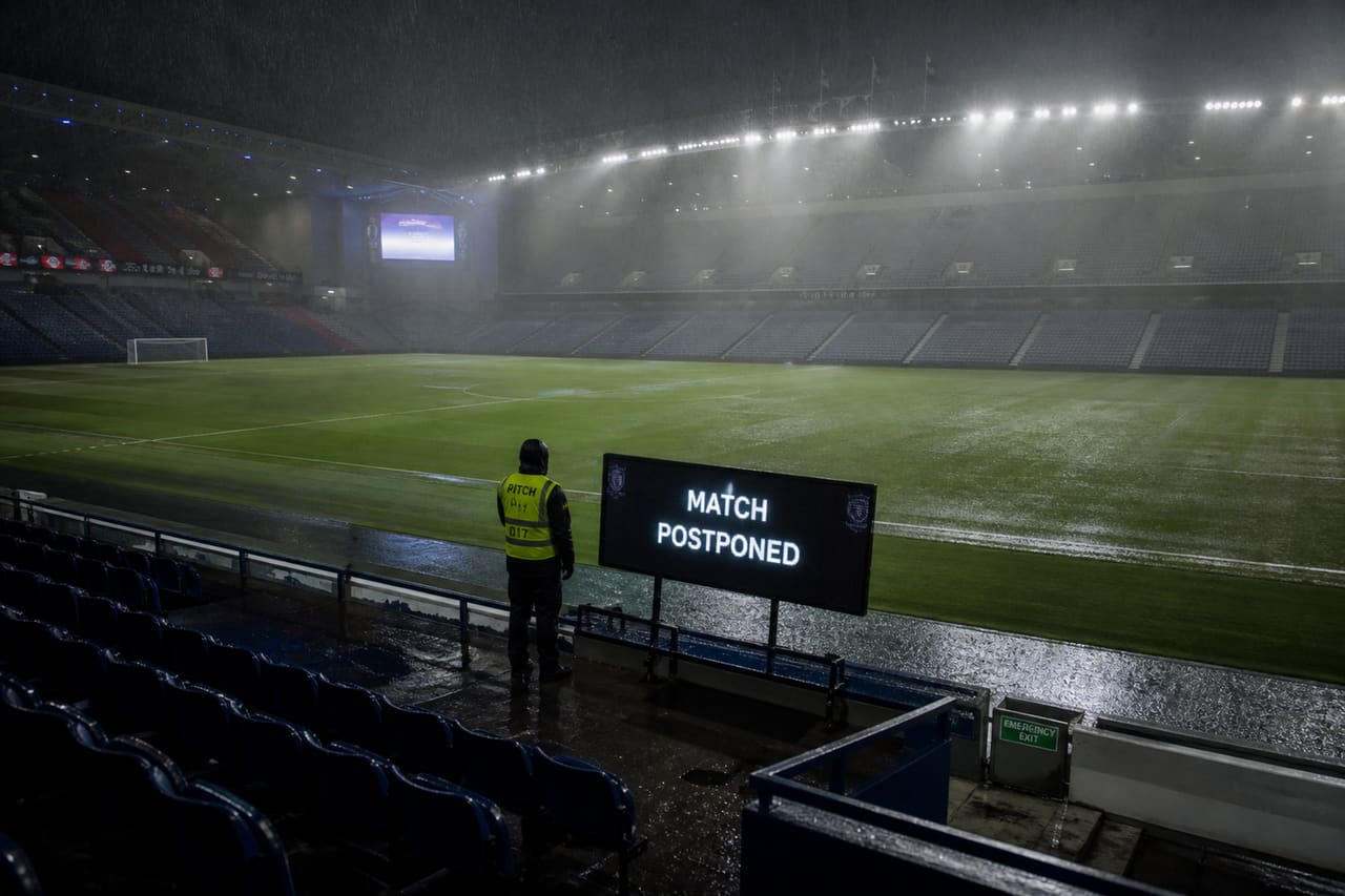 Empty Football Stadium Pitch with Postponed Match Announcement
