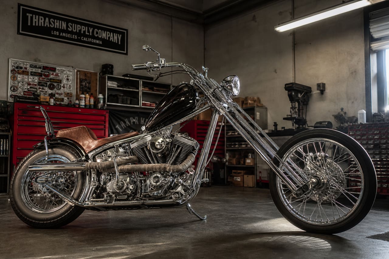 Custom Chrome Motorcycle in a Professional Garage Workshop