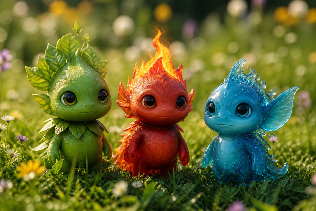 Three Small Elemental Creatures Standing in a Grassy Field