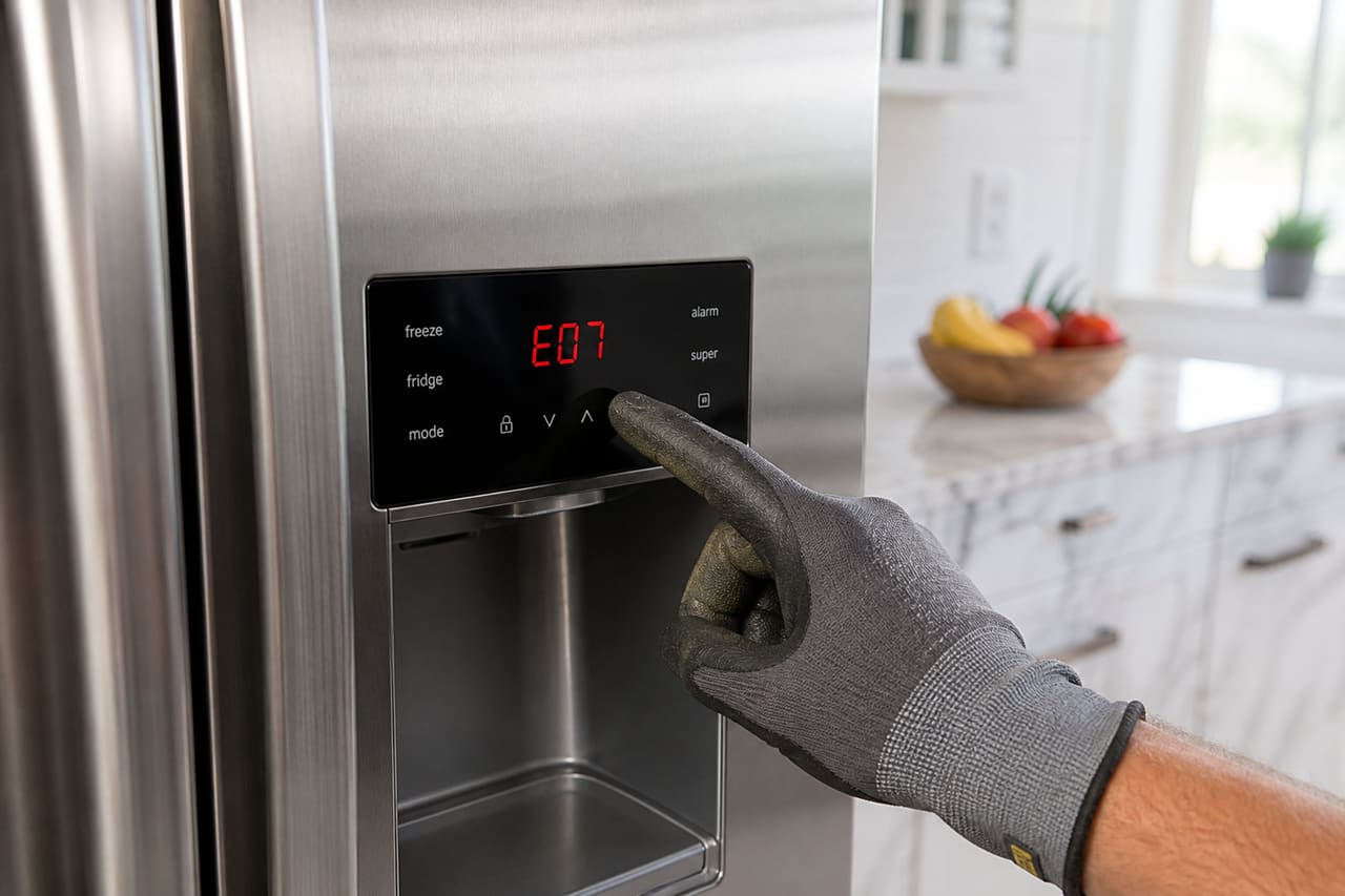 Technician Pointing to Fault Code on Refrigerator Control Panel